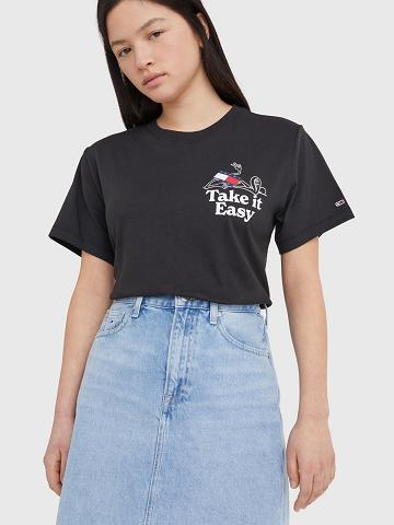 Női Tommy Hilfiger Take It Easy Logo Póló Fekete | HU 482NWY